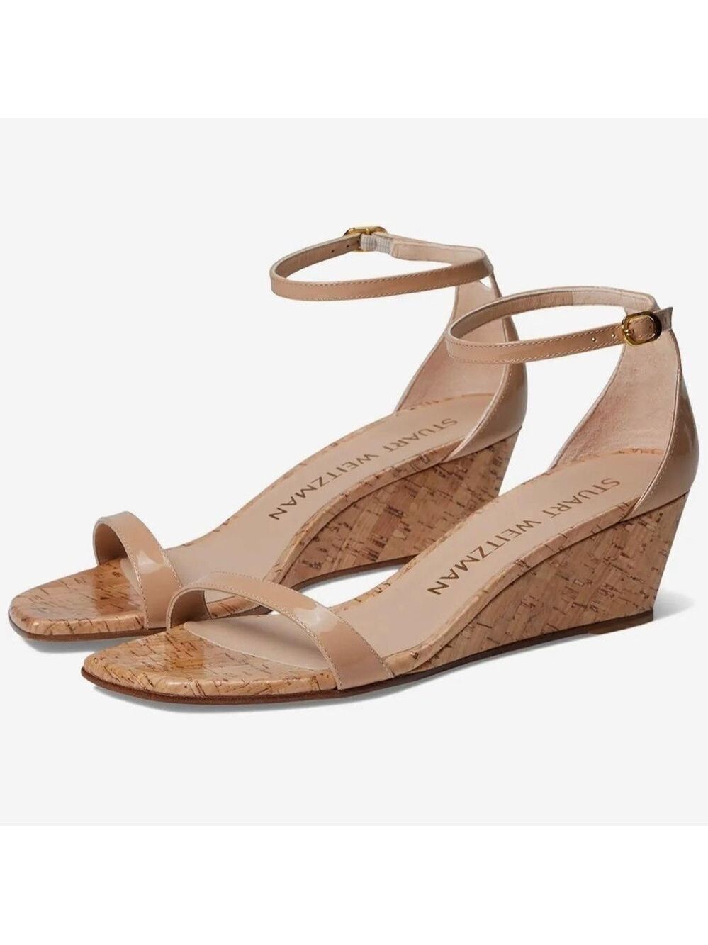 Stuart Weitzman Nudistcurve 50 Wedge Cork Patent Leather Ankle Strap Sandals NWT